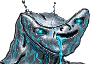 A chrome robot head with glowing cyan eyes